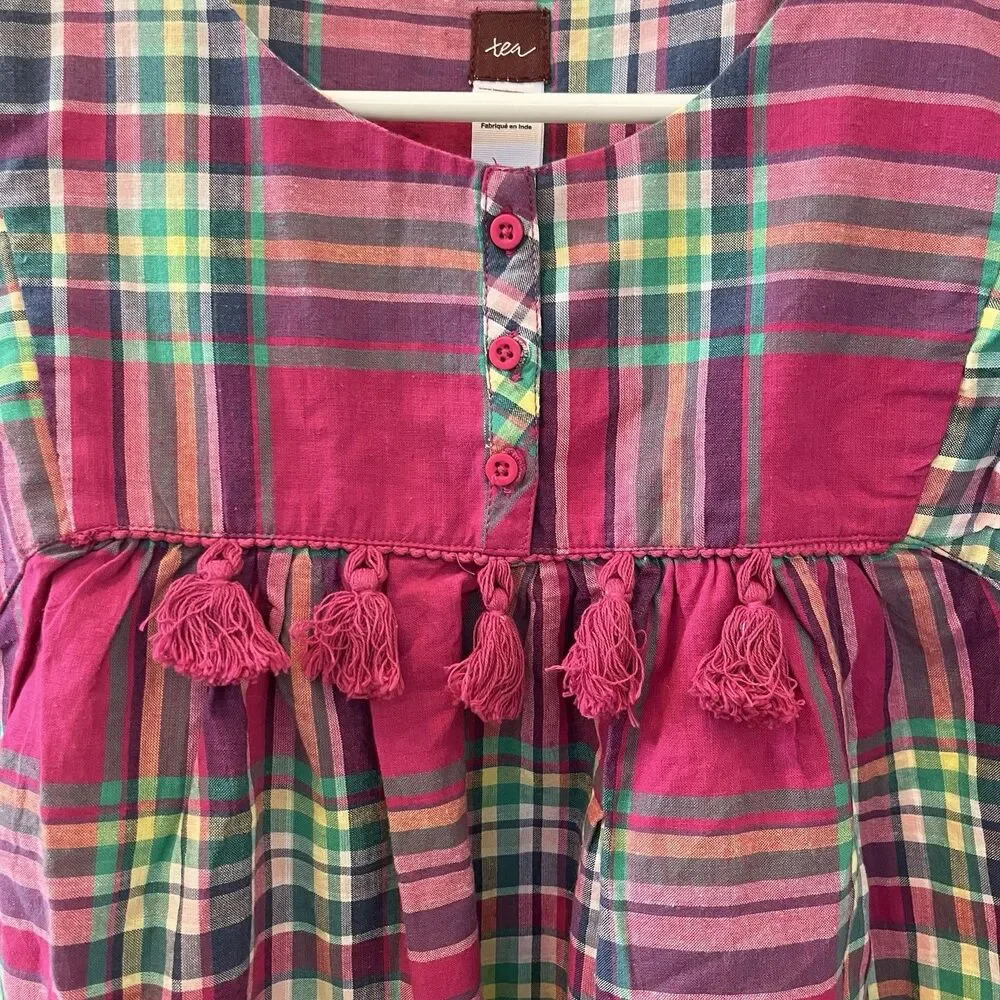 Tea Collection Lucknow Plaid Tunic Dress with Tassels Cotton Girls Size 12